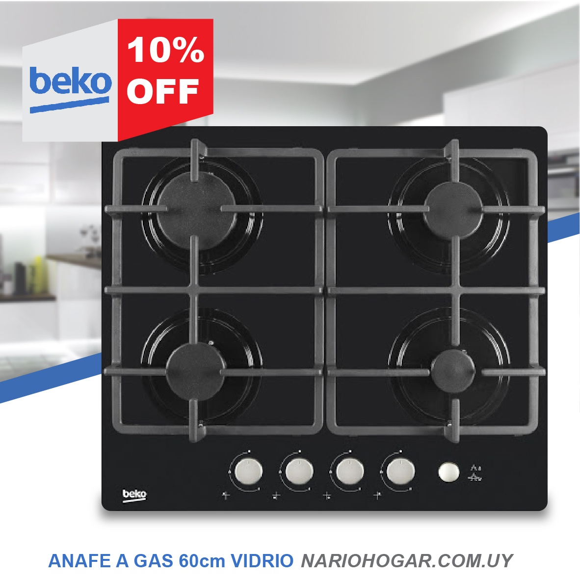 Anafe a gas Beko 4 hornallas vidrio
