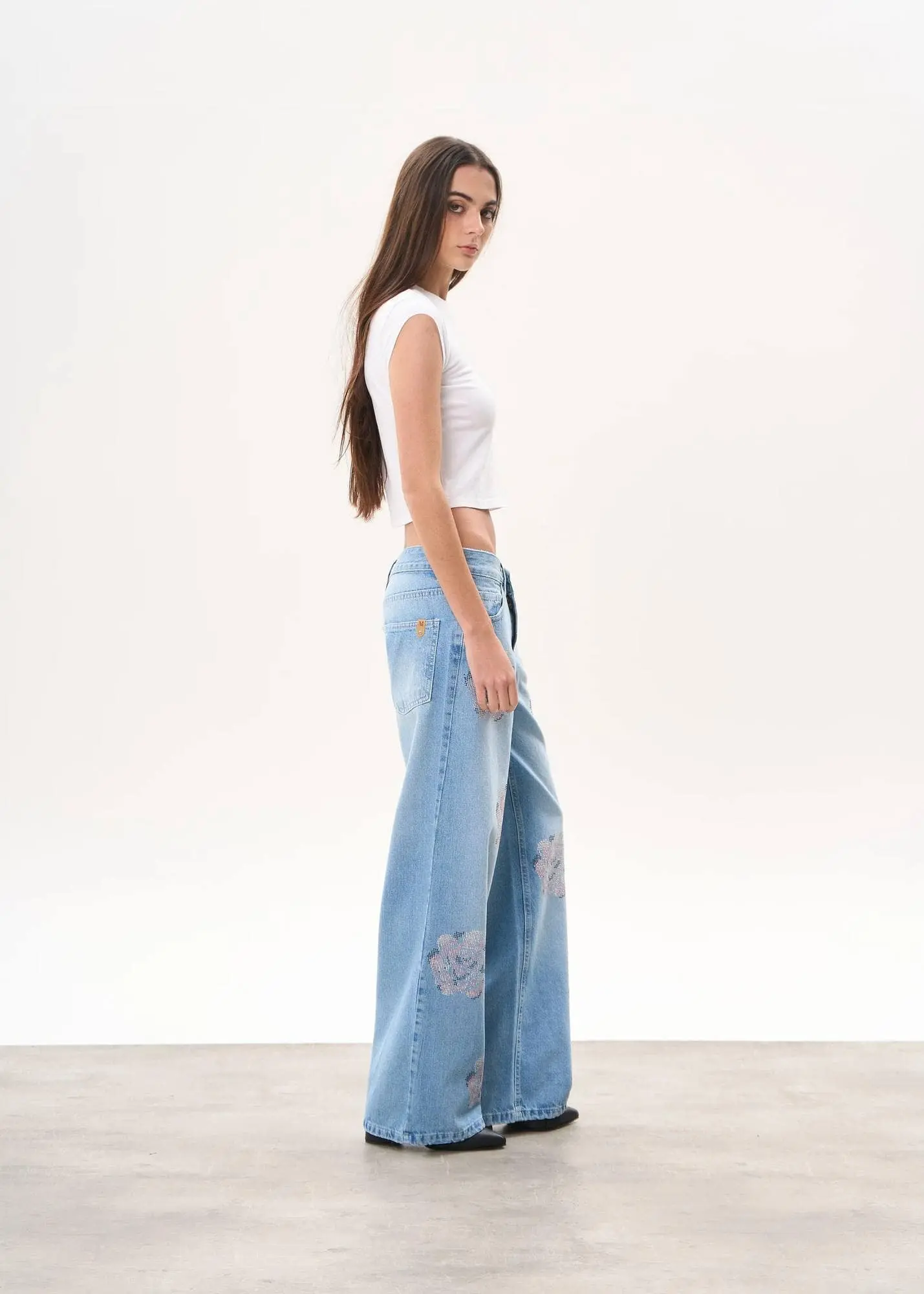 Wide tiro bajo rose strass